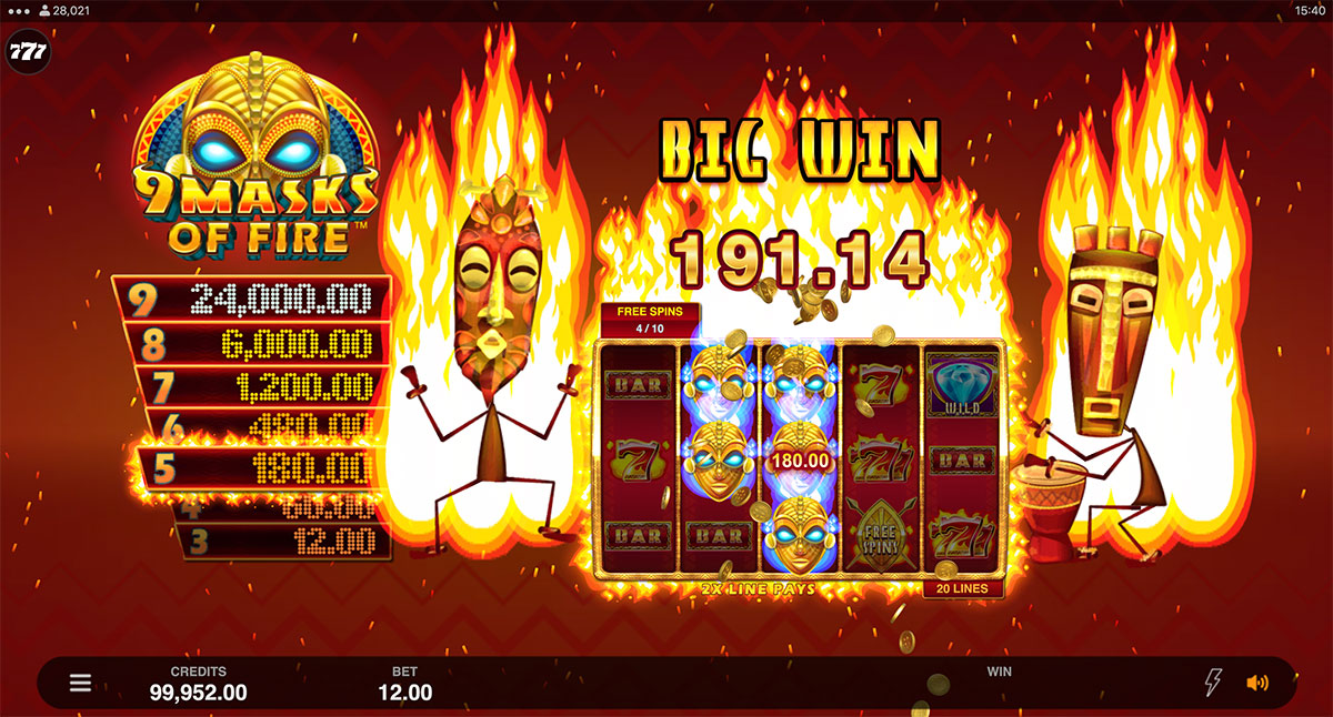 Big win in demo mode with 5 Masks symbols on the reels